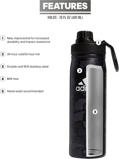 600 ML (20 Oz) Metal Water Bottle, Hot/Cold Double-Walled Insulated 18/8 Stainless Steel, Nomad Camo Grey-Carbon/White/Black, One Size