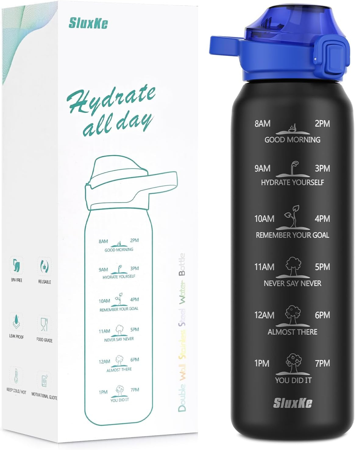 316 Stainless Steel Water Bottles 32Oz with Time Marker, 1000Ml Vacuum Insulated Bottle with Handle BPA Free, 1L Metal Water Flask Jug Great for Outdoor Working Camping BLACK