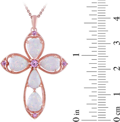 Womens 14K Rose Gold over Sterling Silver Created Opal with Created Pink Sapphire Cross Pendant Necklace, 18", (Previously Amazon Collection)
