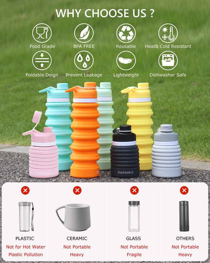 Collapsible Water Bottle, 26Oz Silicone Foldable Water Bottles Leakproof BPA Free Travel Water Bottles with Carabiner, Portable Sport Water Bottles for Camping,Hiking Outdoor Indoor Sport