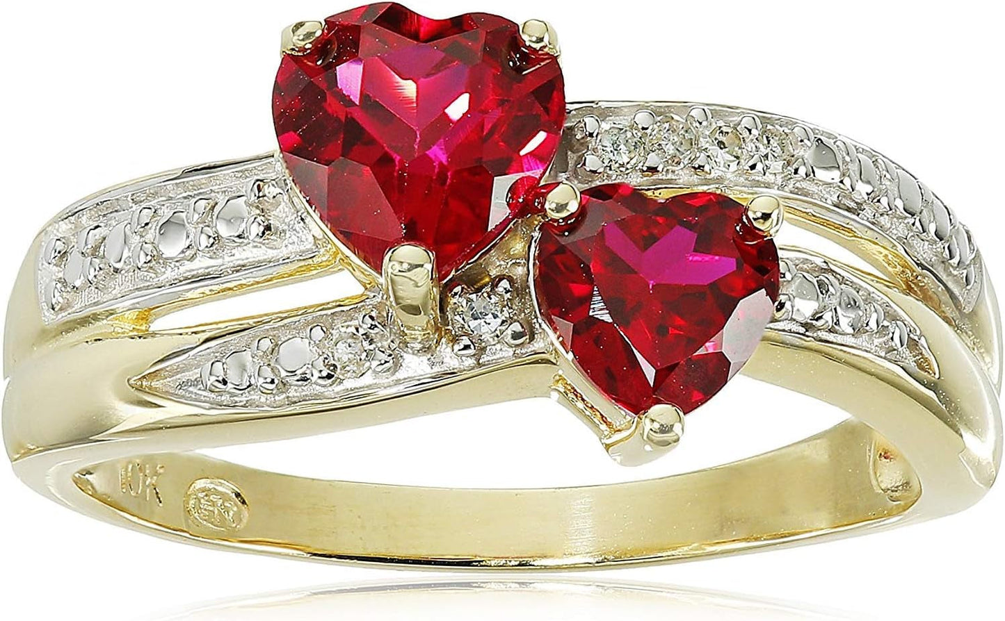 10K Gold Rhodium Plated Ruby Heart Promise Women Rings with Diamond Stone Accents - Premium Double Band Pre Engagement Rings for Women, Exquisite Romantic Love Gift Size 7 - WORLD TIME VISITS