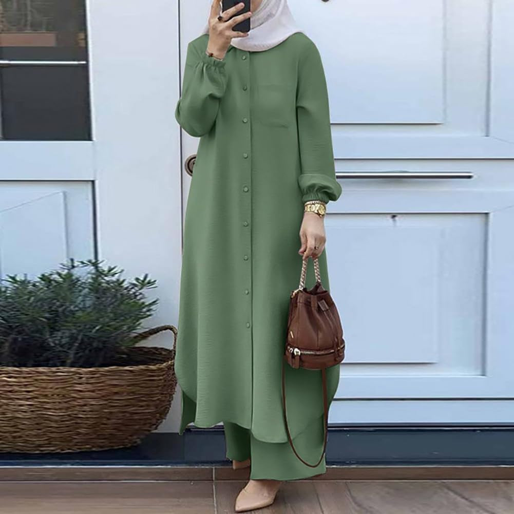 Women'S Muslim 2 Pieces Sets Long Sleeve Button down Shirt and Pants Abaya Casual Dress Dubai Outfits