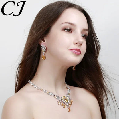 CANDICE Luxury CZ Stone Bridal Jewelry Pave High Quality Yellow Crystal Water Drop Earrings Necklace Wedding Party Set for Brides