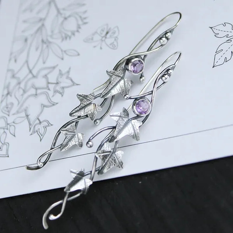 Retro 925 Sterling Silver Natural Gemstone Leaf Ivy and Elf Earrings for Women Charm Emerald & Sapphire & Ruby & Amethyst Dangle Earring Fashion Wedding Engagement Hoop Earring