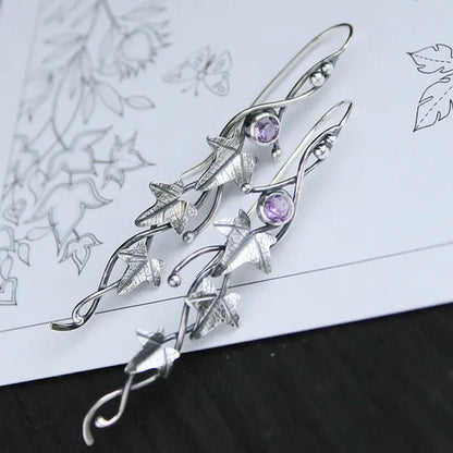 Retro 925 Sterling Silver Natural Gemstone Leaf Ivy and Elf Earrings for Women Charm Emerald & Sapphire & Ruby & Amethyst Dangle Earring Fashion Wedding Engagement Hoop Earring