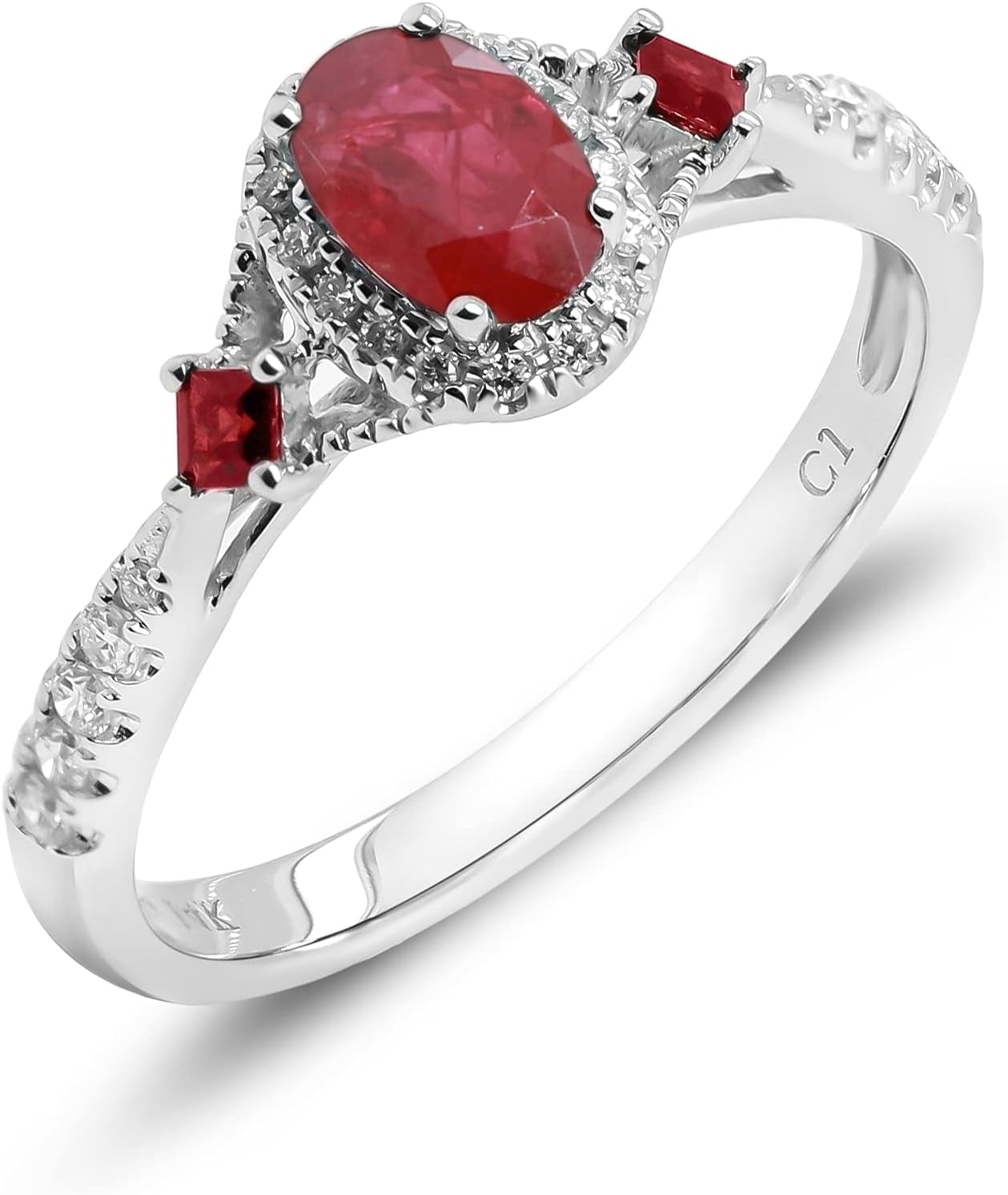10K White Gold Mozambique Genuine Ruby Ring with Diamonds for Women | Ethically, Authentically & Organically Sourced (Oval-Cut) Shaped Ruby Hand-Crafted Jewelry for Her | Ruby Ring for Women