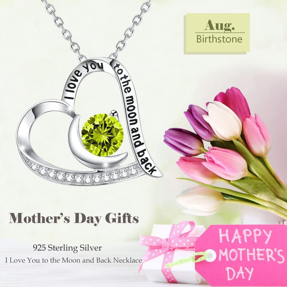 Birthday Gifts for Women I Love You to the Moon and Back Necklace March April May Birthstones Aquamarine Emerald and More Stones Jewelry 925 Sterling Silver