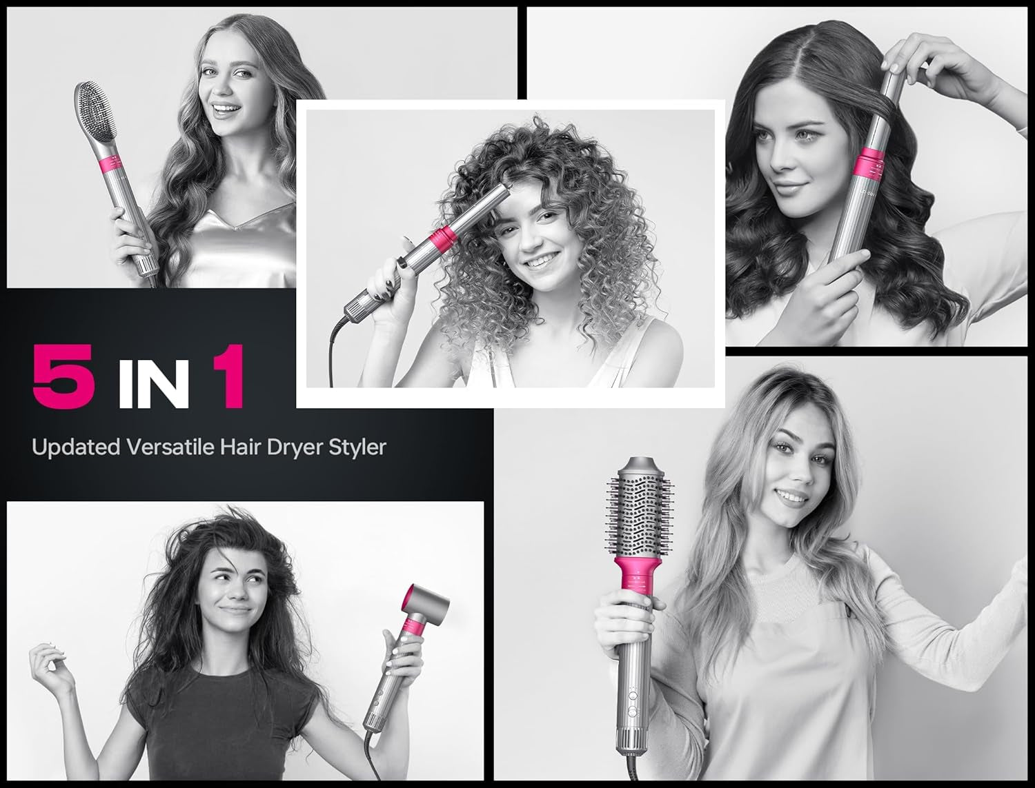 5 in 1 Professional Hot Air Styler,  Powerful Hair Dryer & Straightener Set, Styling without Heat Damage, Fast Drying Curling Volumizing Straightening, 110 Volts, 1200 Watts（Silver） - WORLD TIME VISITS
