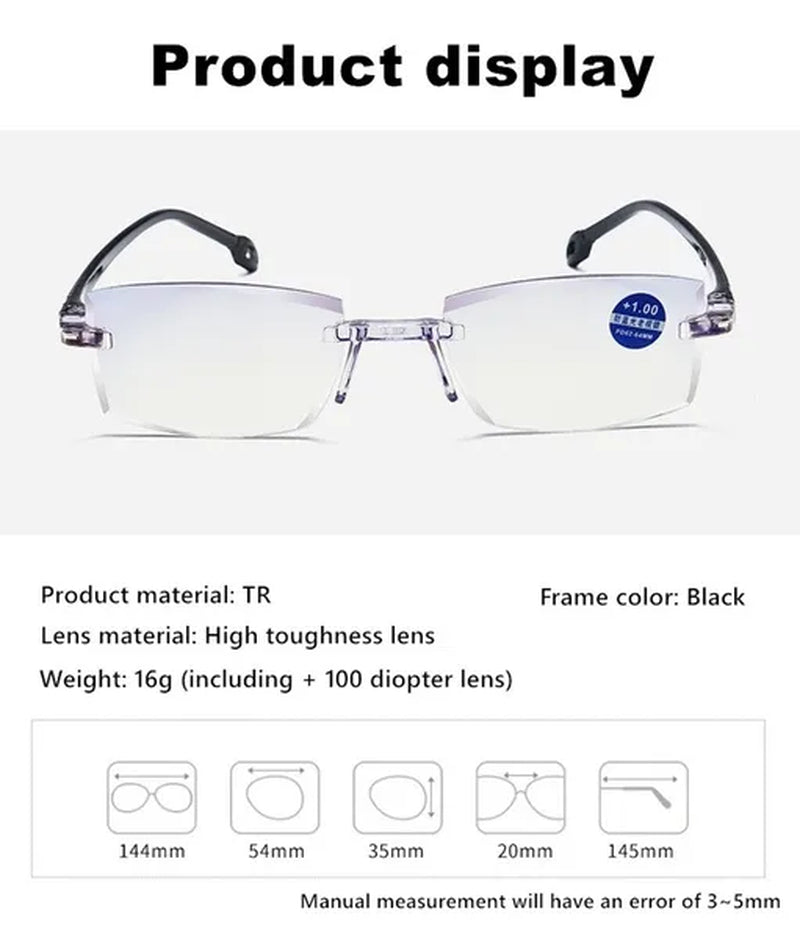 Rimless Diamond-Cut Reading Glasses Anti-Blue Light and Blue Film Integrated for Women Men Full Degree +1.0 +1.5 +2.0 +2.5 +3.0 +3.5 +4.0