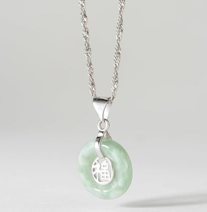 .925 Sterling Silver Rhodium Plated Genuine Jade Necklaces for Women - Green Jade Good Fortune Fu Symbol Dainty and Lightweight Sterling Silver Necklace for Women, 18 Inch