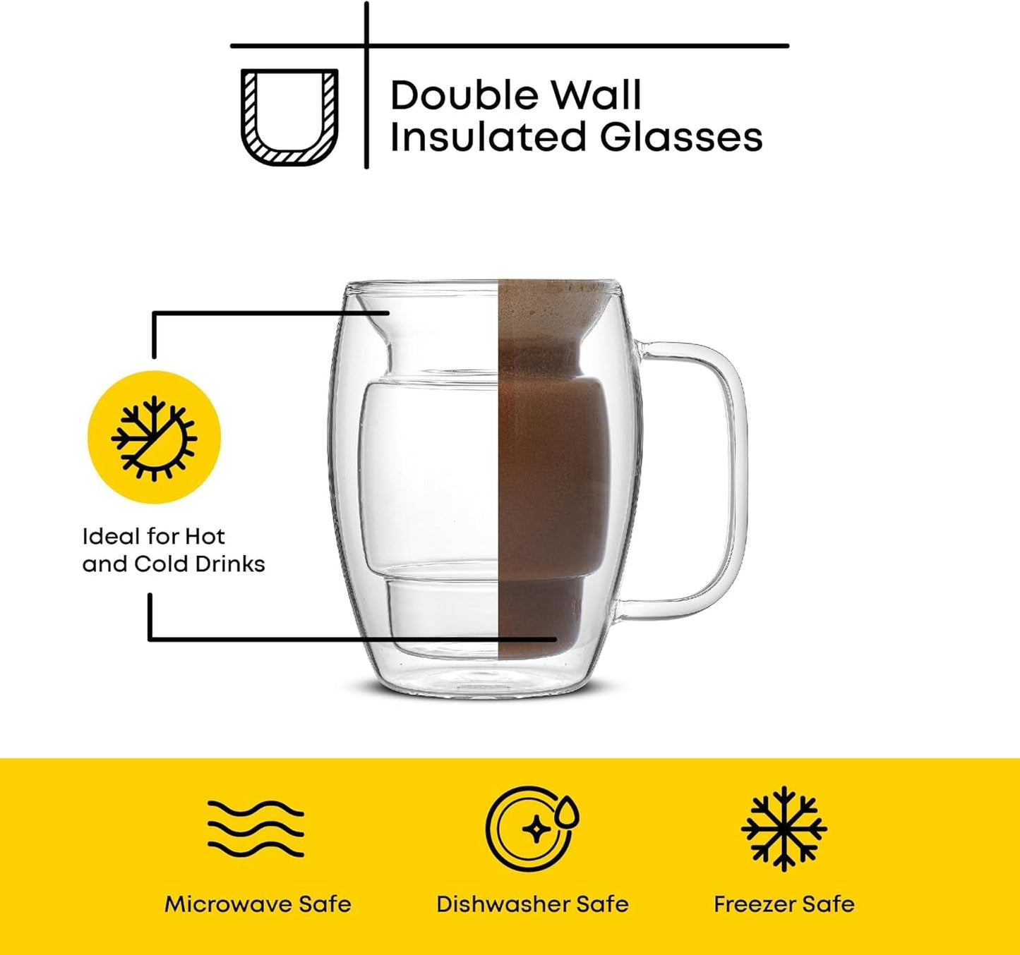 Cadus Glass Coffee Cups Double Wall Insulated Mugs Set of 2 Latte Glasses, 16-Ounces.
