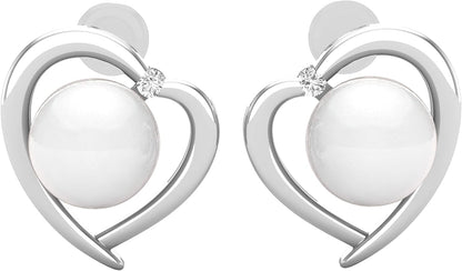 8Mm Each round White Freshwater Pearl & White Diamond Womens Heart Stud Earrings, Available in 10K/14K/18K Solid Gold & 925 Sterling Silver