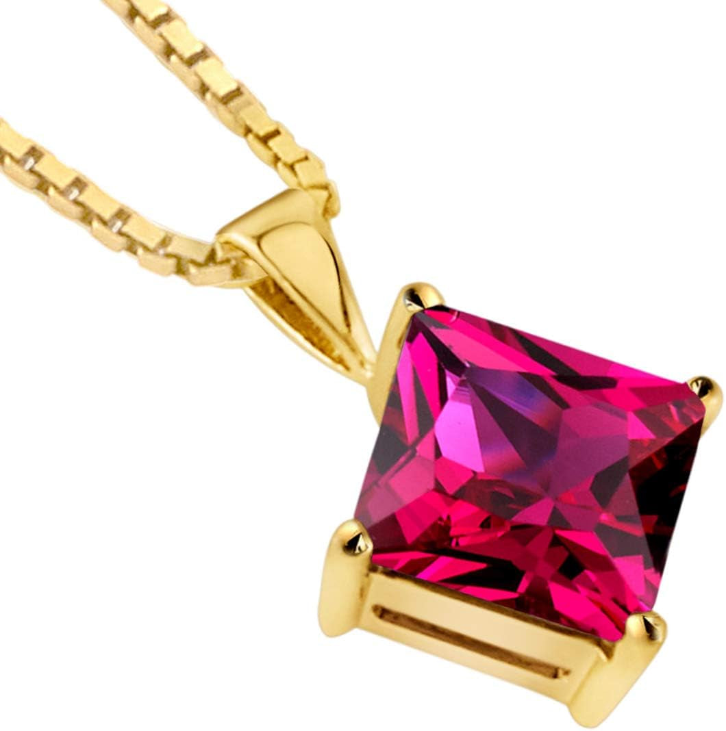 Created Ruby Pendant in 14 Karat Yellow Gold, Classic Solitaire, Princess Cut, 8Mm, 3 Carats Total - WORLD TIME VISITS