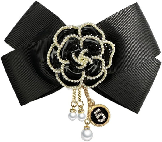 Camellia Flower Pre - Tied Big Bow Tassel Brooch Pin for Women Girls CZ Faux Pearl Lucky Number Five Chain Dangle Charm Fabric Pins Clip Lapel Bouquet Corsage Brooches Elegant Jewelry for Dress Suit - WORLD TIME VISITS