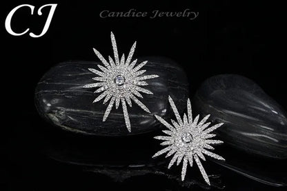 CANDICE 925 Sterling Silver Plating Hypoallergenic Snowflake Cubic Zirconia Stones Big Stud Earrings For Women Girls Wedding Party Jewelry - WORLD TIME VISITS