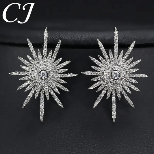 CANDICE 925 Sterling Silver Plating Hypoallergenic Snowflake Cubic Zirconia Stones Big Stud Earrings For Women Girls Wedding Party Jewelry - WORLD TIME VISITS