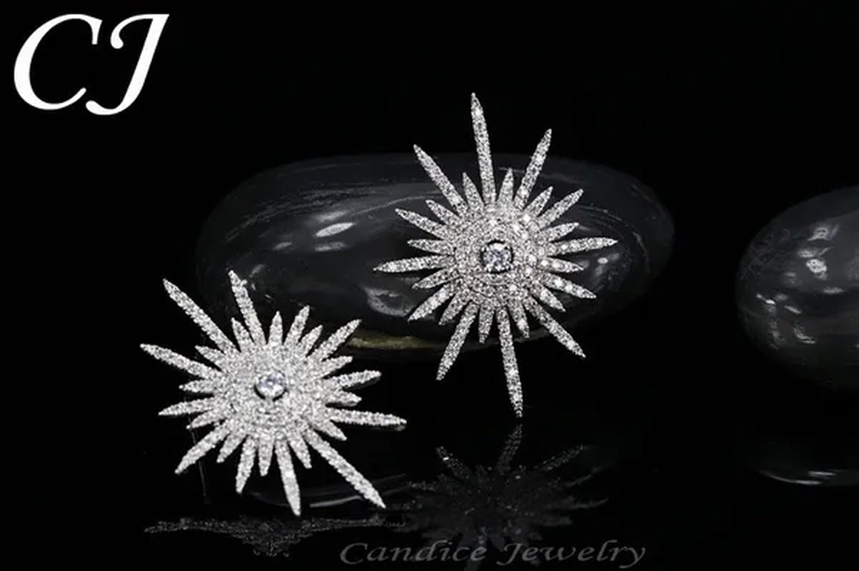 CANDICE 925 Sterling Silver Plating Hypoallergenic Snowflake Cubic Zirconia Stones Big Stud Earrings For Women Girls Wedding Party Jewelry - WORLD TIME VISITS