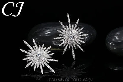 CANDICE 925 Sterling Silver Plating Hypoallergenic Snowflake Cubic Zirconia Stones Big Stud Earrings For Women Girls Wedding Party Jewelry - WORLD TIME VISITS
