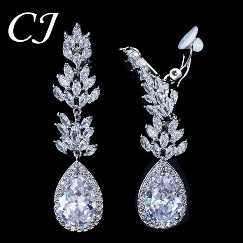 CANDICE Classic Design Water Drop Women Non Hole Ear Jewelry Setting Clear Leaf Zirconia Crystal Comfortable Clip on Earrings without Piercing - WORLD TIME VISITS