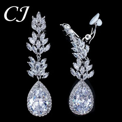 CANDICE Classic Design Water Drop Women Non Hole Ear Jewelry Setting Clear Leaf Zirconia Crystal Comfortable Clip on Earrings without Piercing - WORLD TIME VISITS