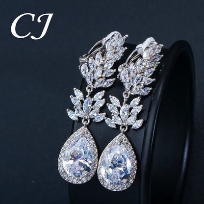 CANDICE Classic Design Water Drop Women Non Hole Ear Jewelry Setting Clear Leaf Zirconia Crystal Comfortable Clip on Earrings without Piercing