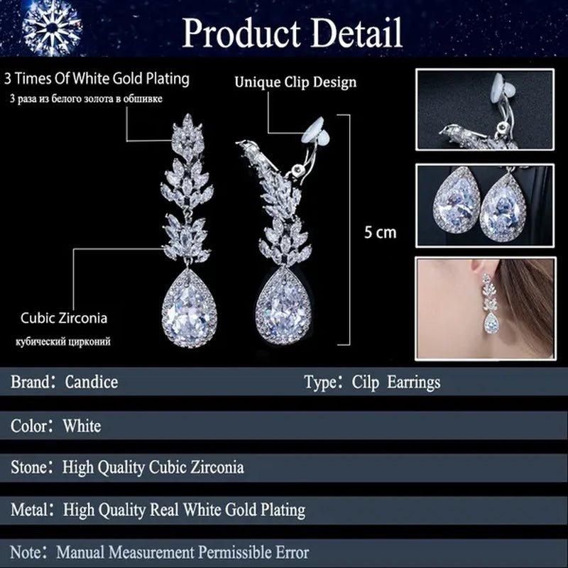 CANDICE Classic Design Water Drop Women Non Hole Ear Jewelry Setting Clear Leaf Zirconia Crystal Comfortable Clip on Earrings without Piercing - WORLD TIME VISITS
