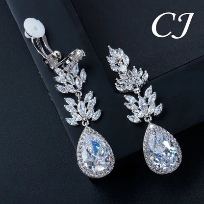 CANDICE Classic Design Water Drop Women Non Hole Ear Jewelry Setting Clear Leaf Zirconia Crystal Comfortable Clip on Earrings without Piercing