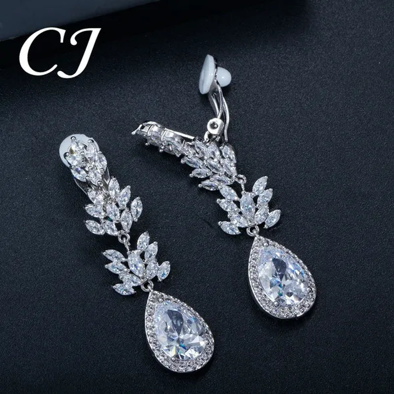 CANDICE Classic Design Water Drop Women Non Hole Ear Jewelry Setting Clear Leaf Zirconia Crystal Comfortable Clip on Earrings without Piercing