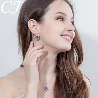 CANDICE Classic Round Blue CZ Stone Party Jewelry Sets For Women Elegant Blue Cubic Zirconia Stud Earrings And Necklace 2 Piece Set - WORLD TIME VISITS
