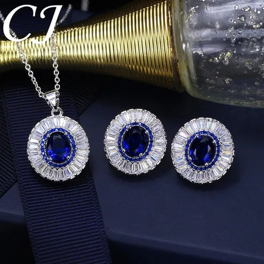 CANDICE Classic Round Blue CZ Stone Party Jewelry Sets For Women Elegant Blue Cubic Zirconia Stud Earrings And Necklace 2 Piece Set - WORLD TIME VISITS