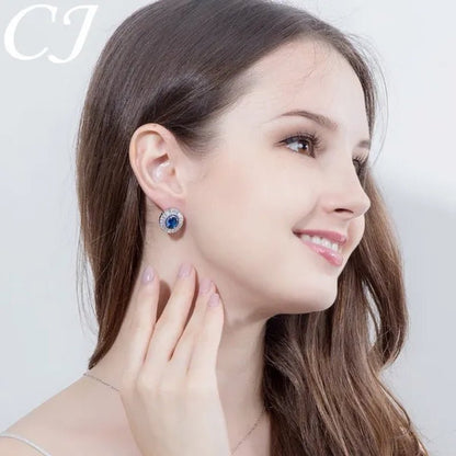 CANDICE Classic Round Blue CZ Stone Party Jewelry Sets For Women Elegant Blue Cubic Zirconia Stud Earrings And Necklace 2 Piece Set