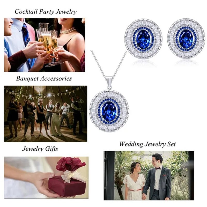 CANDICE Classic Round Blue CZ Stone Party Jewelry Sets For Women Elegant Blue Cubic Zirconia Stud Earrings And Necklace 2 Piece Set - WORLD TIME VISITS