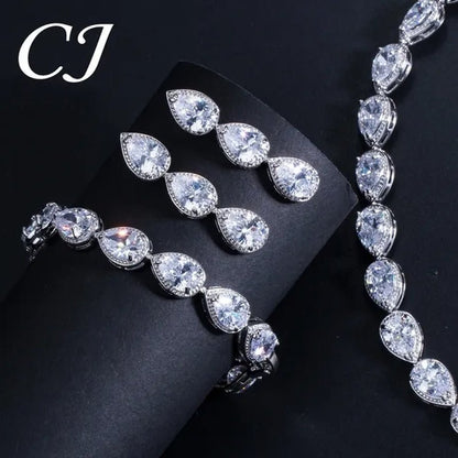 CANDICE Classic Zirconia Wedding Jewelry Sets For Bridal Luxury Teardrop CZ Stone White Gold Plated Party Chocker Necklace Earrings and Bracelet Set