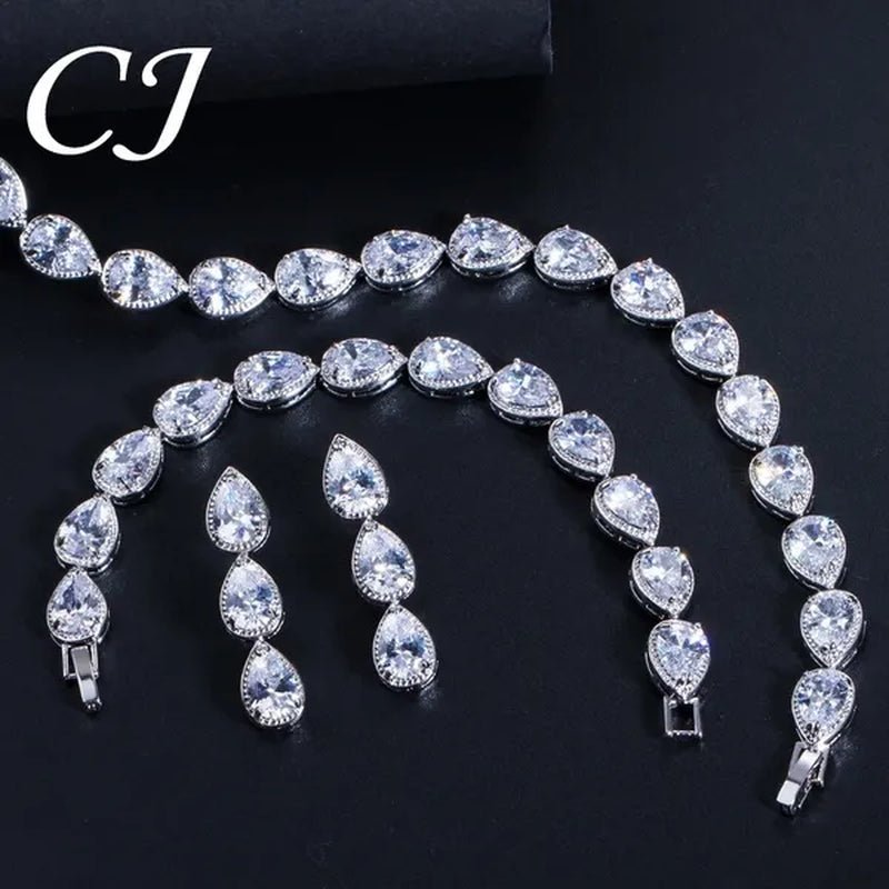 CANDICE Classic Zirconia Wedding Jewelry Sets For Bridal Luxury Teardrop CZ Stone White Gold Plated Party Chocker Necklace Earrings and Bracelet Set