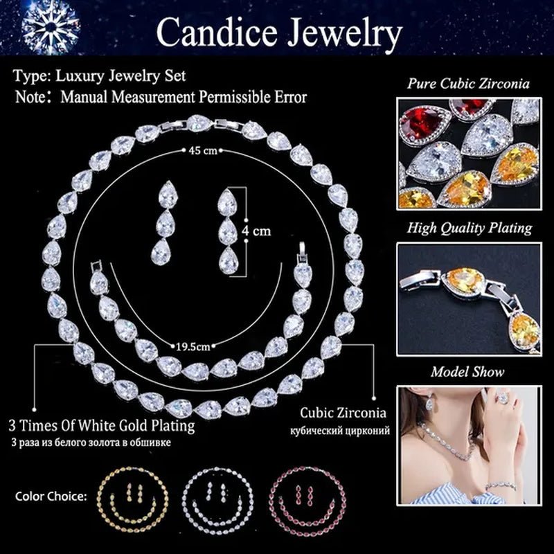 CANDICE Classic Zirconia Wedding Jewelry Sets For Bridal Luxury Teardrop CZ Stone White Gold Plated Party Chocker Necklace Earrings and Bracelet Set - WORLD TIME VISITS