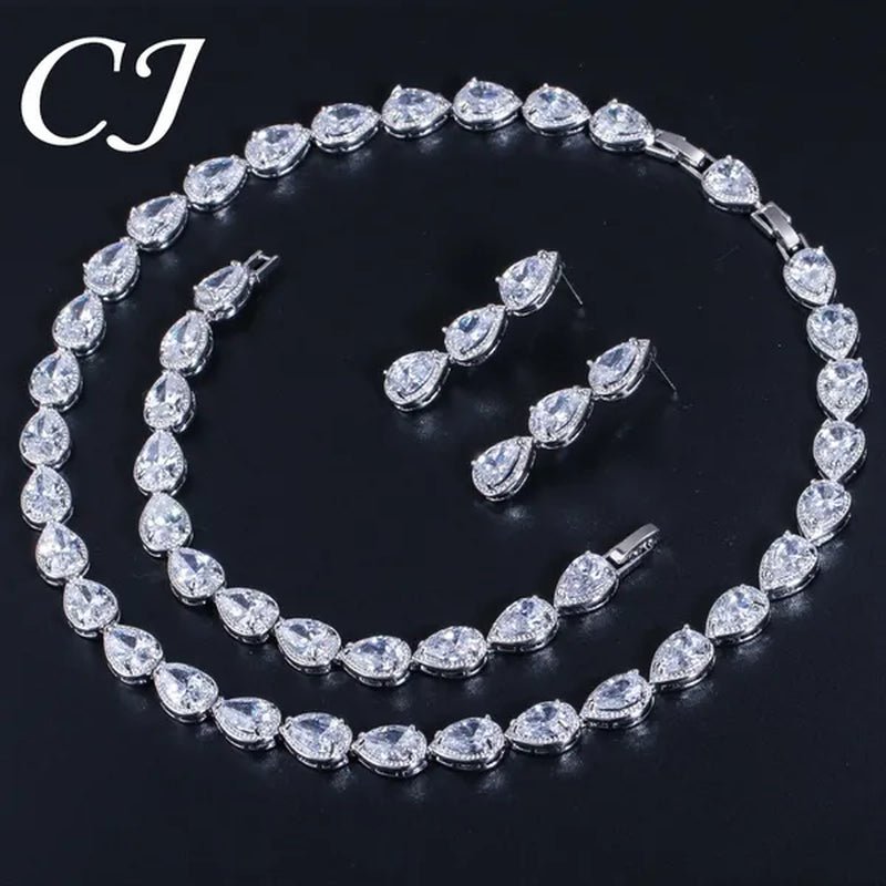 CANDICE Classic Zirconia Wedding Jewelry Sets For Bridal Luxury Teardrop CZ Stone White Gold Plated Party Chocker Necklace Earrings and Bracelet Set