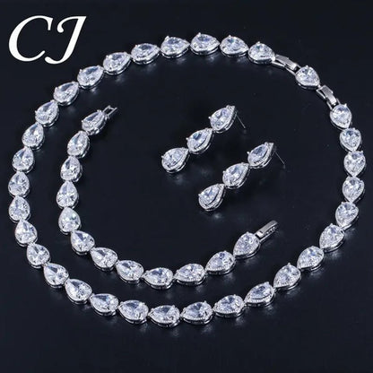 CANDICE Classic Zirconia Wedding Jewelry Sets For Bridal Luxury Teardrop CZ Stone White Gold Plated Party Chocker Necklace Earrings and Bracelet Set