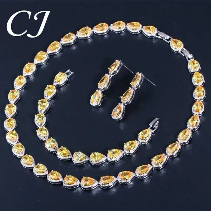 CANDICE Classic Zirconia Wedding Jewelry Sets For Bridal Luxury Teardrop CZ Stone White Gold Plated Party Chocker Necklace Earrings and Bracelet Set