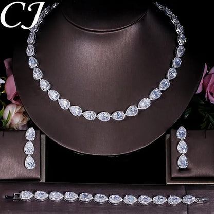 CANDICE Classic Zirconia Wedding Jewelry Sets For Bridal Luxury Teardrop CZ Stone White Gold Plated Party Chocker Necklace Earrings and Bracelet Set - WORLD TIME VISITS