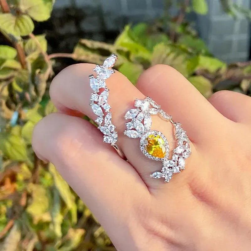 CANDICE Designer Women Wedding Band Finger Jewelry Luxury White Gold Plated Inlaid Shiny AAA Zirconia with Yellow Waterdrop Stone Opening Adjustable Ring for Bride - WORLD TIME VISITS