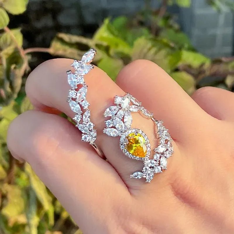 CANDICE Designer Women Wedding Band Finger Jewelry Luxury White Gold Plated Inlaid Shiny AAA Zirconia with Yellow Waterdrop Stone Opening Adjustable Ring for Bride - WORLD TIME VISITS