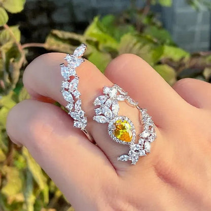 CANDICE Designer Women Wedding Band Finger Jewelry Luxury White Gold Plated Inlaid Shiny AAA Zirconia with Yellow Waterdrop Stone Opening Adjustable Ring for Bride - WORLD TIME VISITS