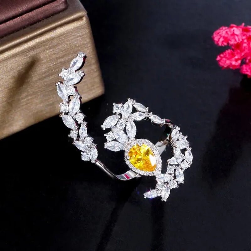 CANDICE Designer Women Wedding Band Finger Jewelry Luxury White Gold Plated Inlaid Shiny AAA Zirconia with Yellow Waterdrop Stone Opening Adjustable Ring for Bride