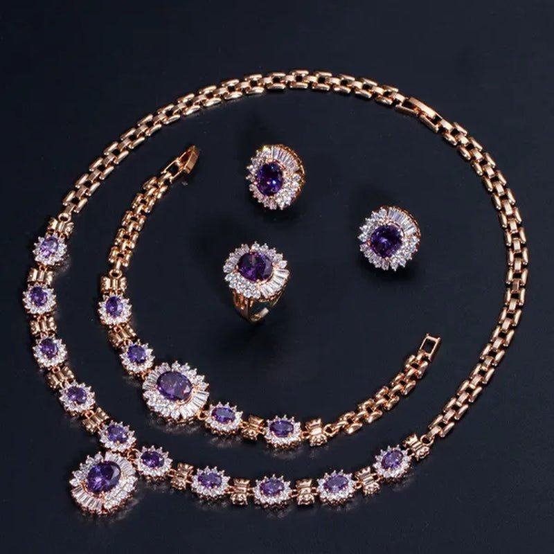 CANDICE Dubai Wedding 4 Pieces Set Elegant Red Zirconia Paved Yellow Gold Plated Engagement Party Ring Earrings Bracelet Necklace Sets for Women