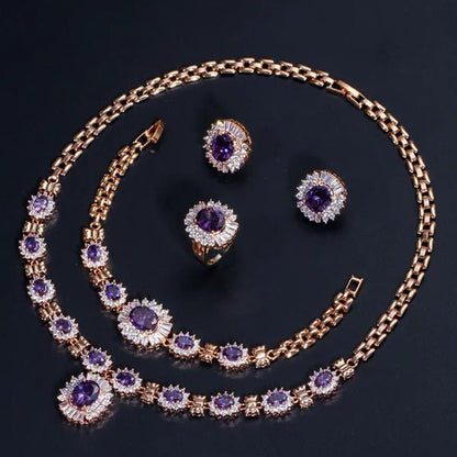 CANDICE Dubai Wedding 4 Pieces Set Elegant Red Zirconia Paved Yellow Gold Plated Engagement Party Ring Earrings Bracelet Necklace Sets for Women