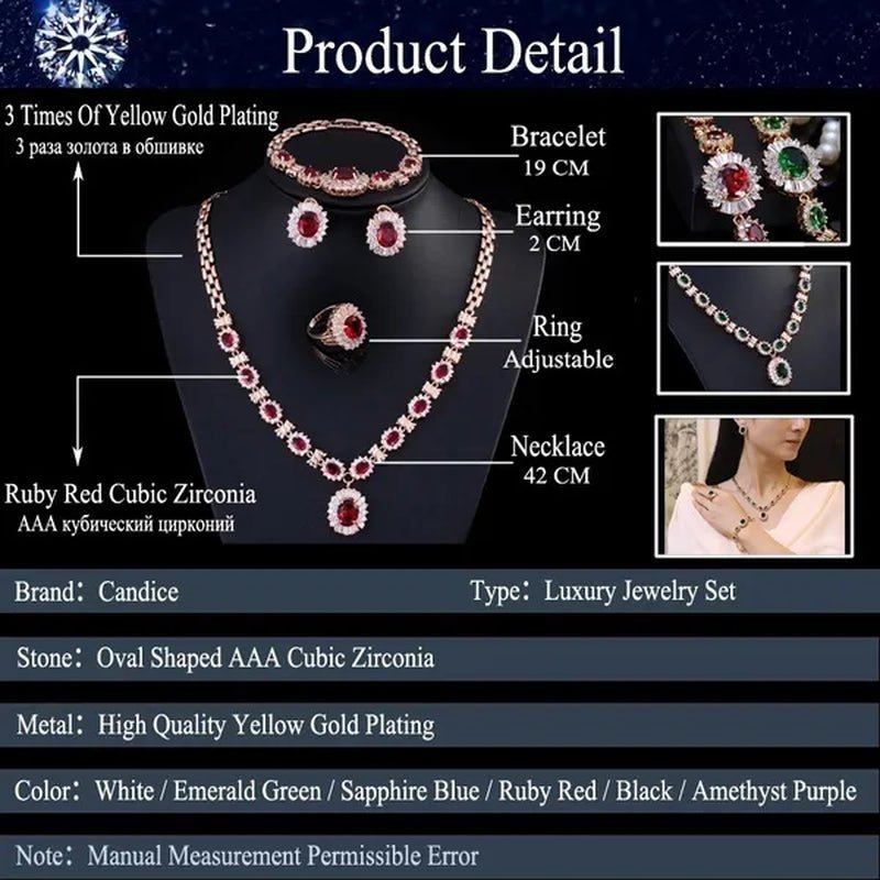 CANDICE Dubai Wedding 4 Pieces Set Elegant Red Zirconia Paved Yellow Gold Plated Engagement Party Ring Earrings Bracelet Necklace Sets for Women - WORLD TIME VISITS