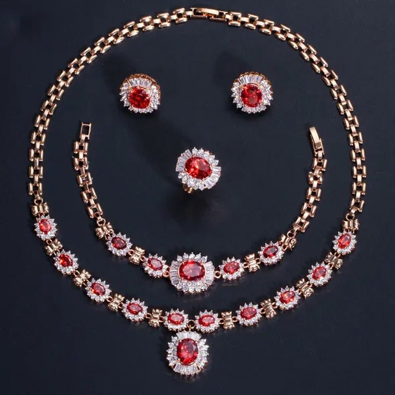 CANDICE Dubai Wedding 4 Pieces Set Elegant Red Zirconia Paved Yellow Gold Plated Engagement Party Ring Earrings Bracelet Necklace Sets for Women