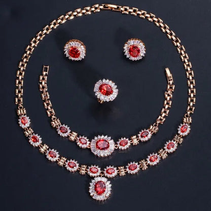 CANDICE Dubai Wedding 4 Pieces Set Elegant Red Zirconia Paved Yellow Gold Plated Engagement Party Ring Earrings Bracelet Necklace Sets for Women