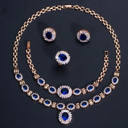 CANDICE Dubai Wedding 4 Pieces Set Elegant Red Zirconia Paved Yellow Gold Plated Engagement Party Ring Earrings Bracelet Necklace Sets for Women