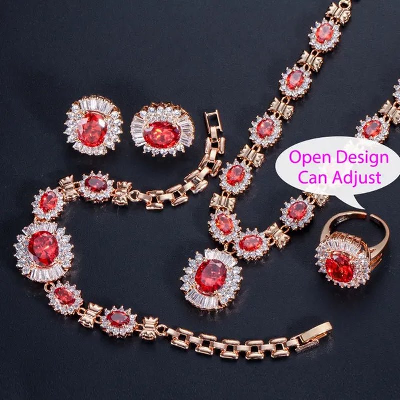 CANDICE Dubai Wedding 4 Pieces Set Elegant Red Zirconia Paved Yellow Gold Plated Engagement Party Ring Earrings Bracelet Necklace Sets for Women - WORLD TIME VISITS